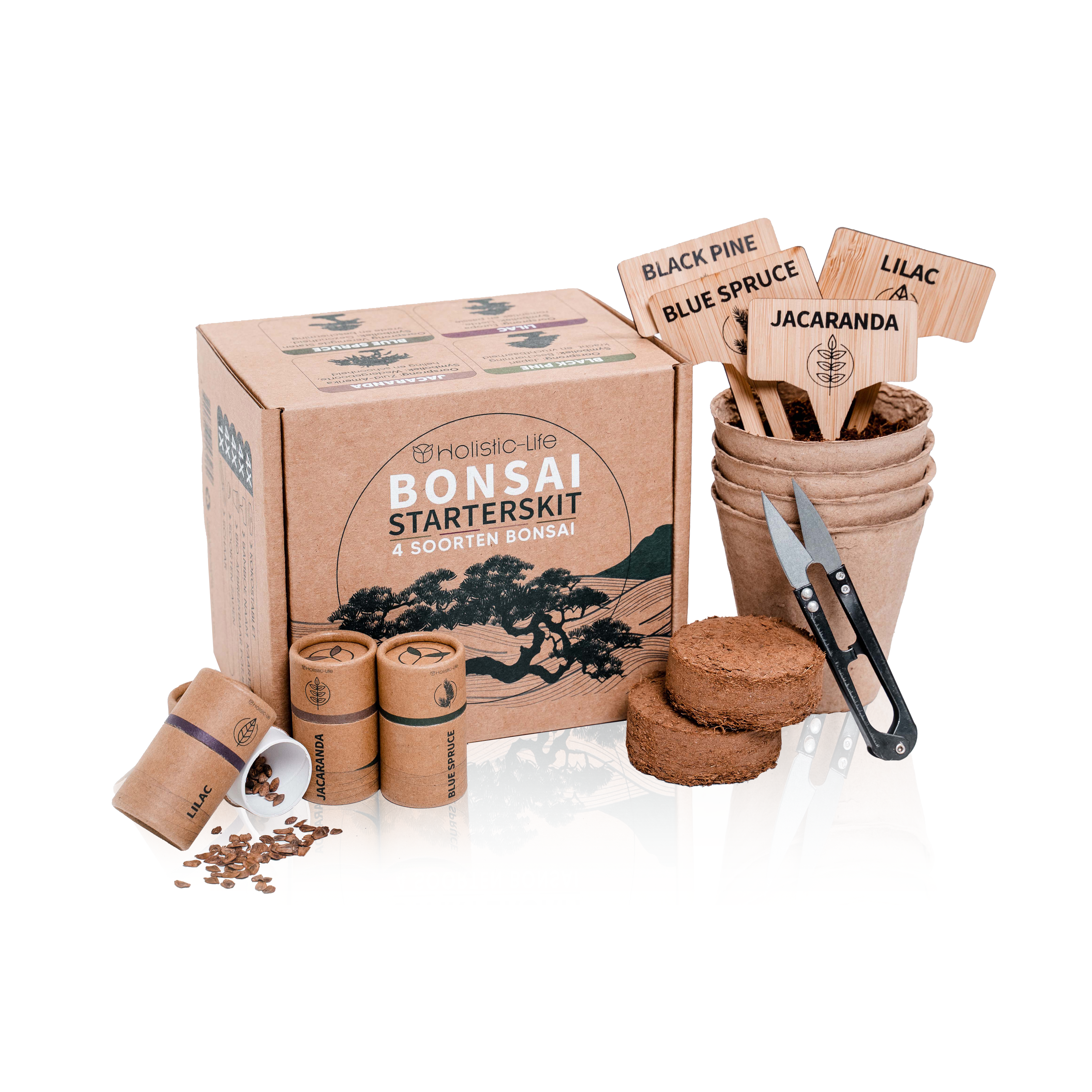 Plasticvrije bonsai starters kit duurzaam gemaakt met e-book.