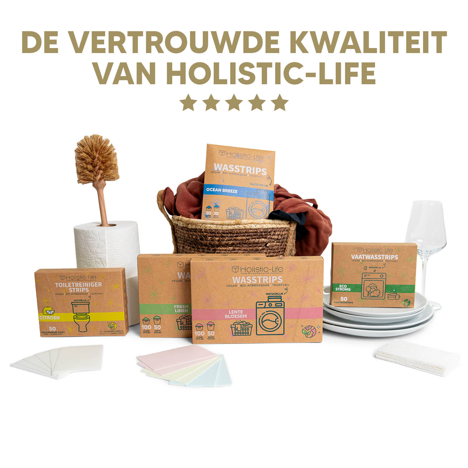 Duurzame eco schoonmaakmiddelen. wasstrips, toiletstrip, vaatwasstrips.