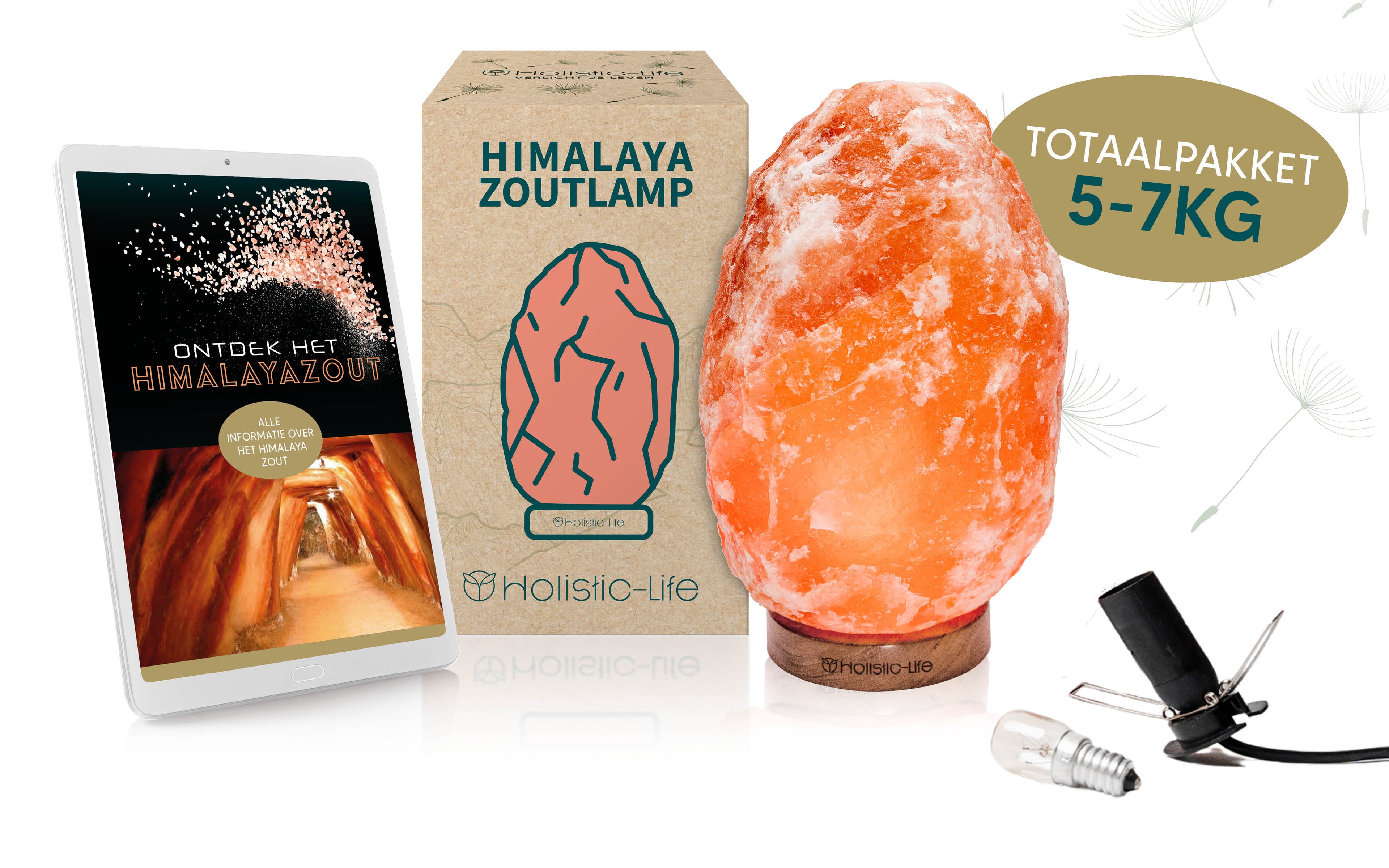 Himalaya zoutlamp totaalpakket e-book, dimmer zoutsteen en gloeilamp.