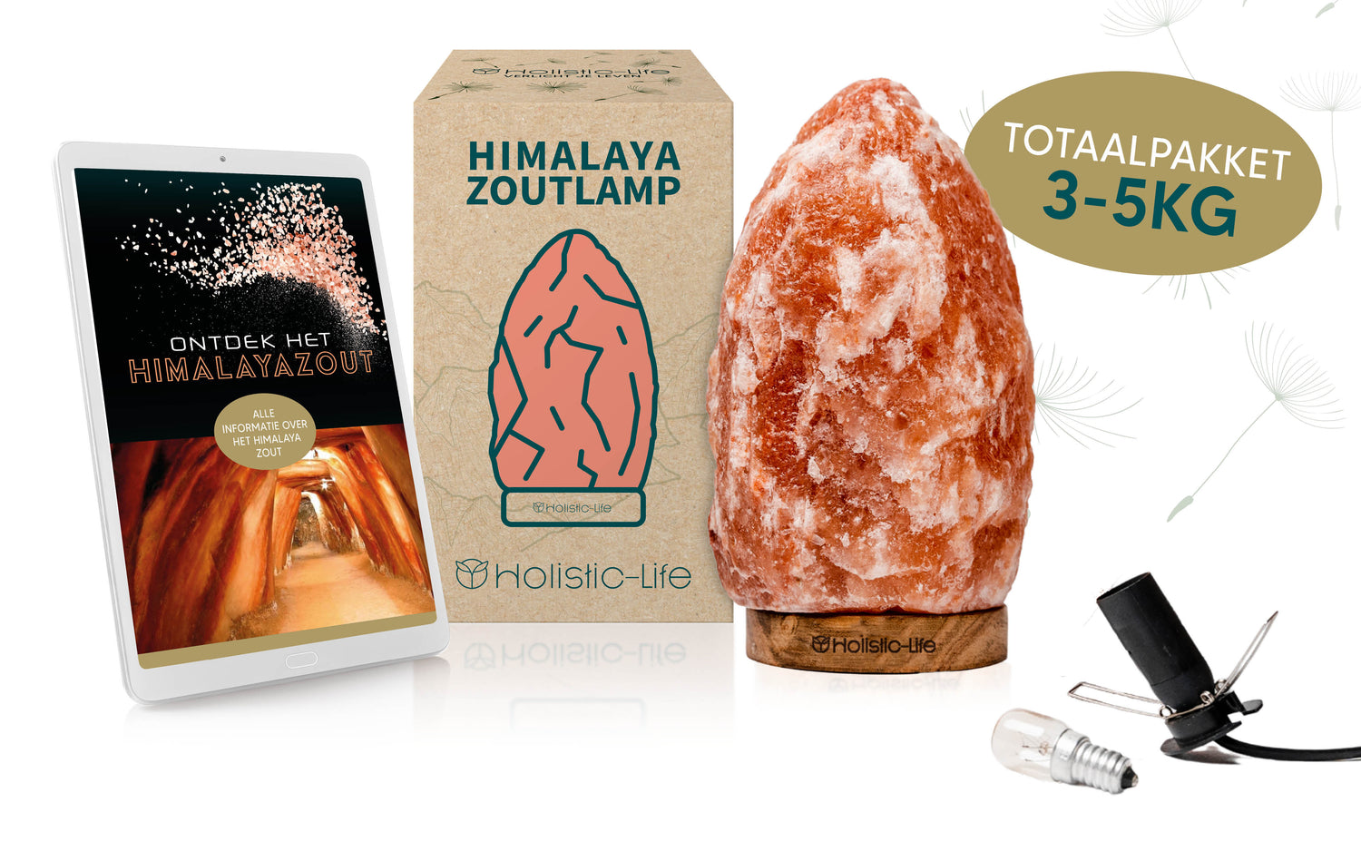 Himalaya zoutlamp totaalpakket e-book, dimmer zoutsteen 3-5kg en gloeilamp.