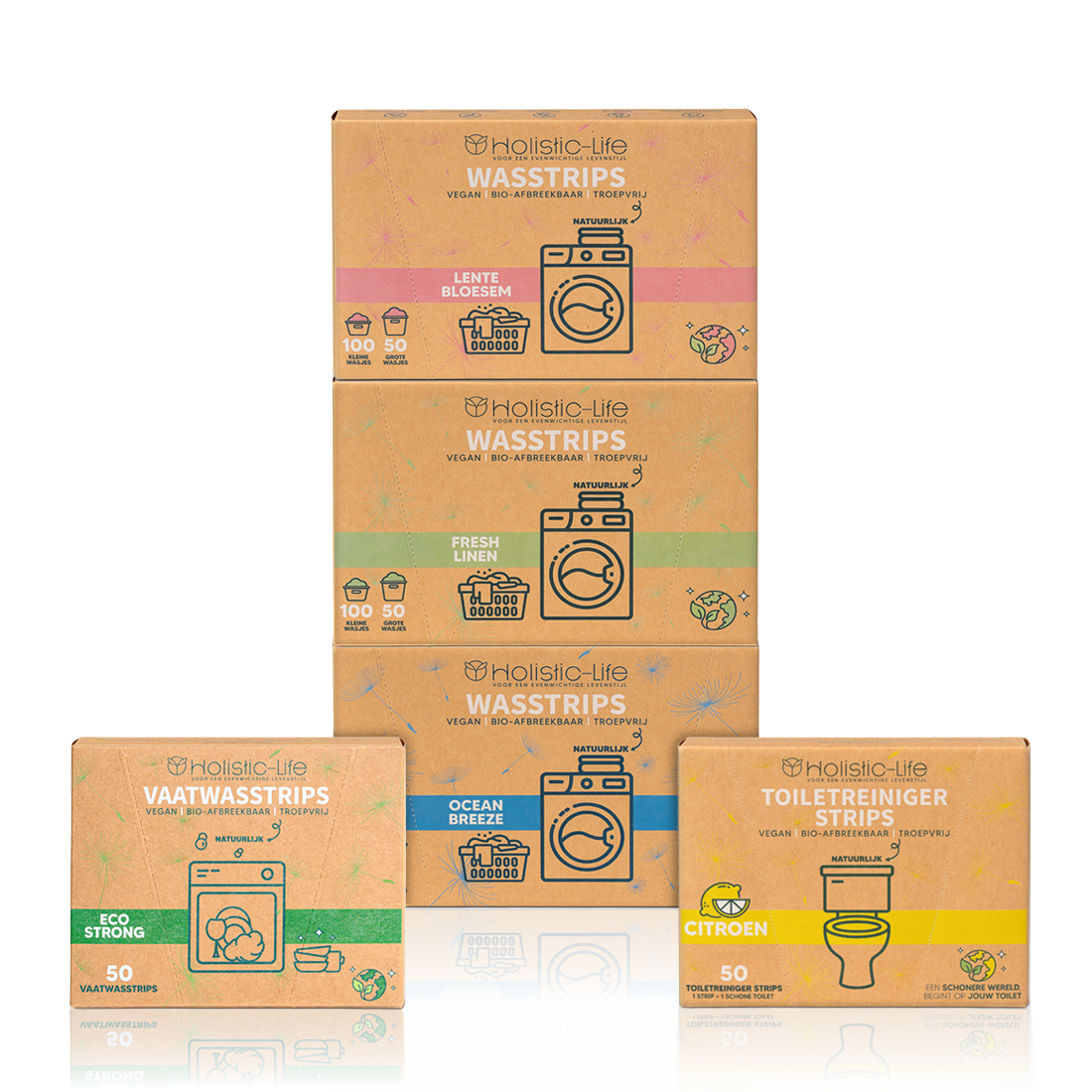 Wasstrips, toilet reiniger strips en vaatwasstrips proefpakket groot.