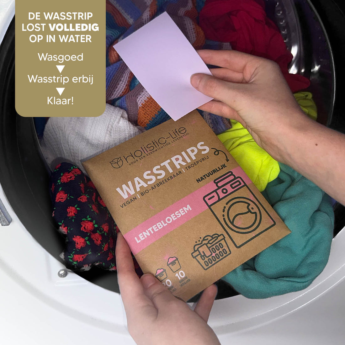 Wasstrips voor duurzaam wassen van kleding, wasmiddel en wasdoekjes.